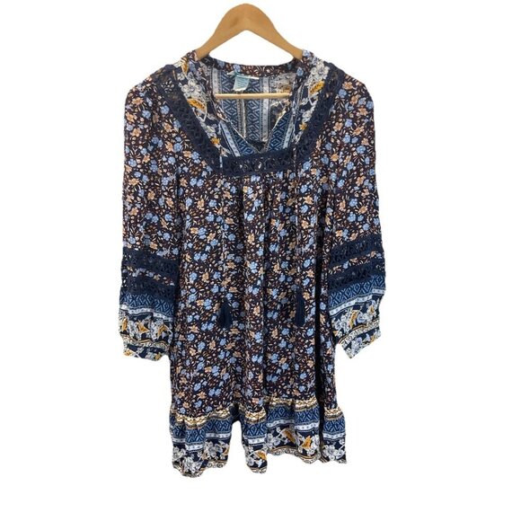 Sundance Boho Tunic Dress Long Sleeve Blue Floral Womens Size S Flowy - Picture 1 of 12